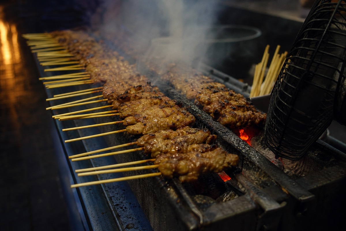 Satay skewers over a charcoal grill